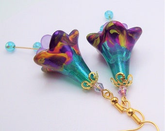 Boucles d'oreilles Boho, Boucles d'oreilles Teal, Boucles d'oreilles multicolores, Boucles d'oreilles Art Déco, Boucles d'oreilles Dangle, Boucles d'oreilles fleur, Cadeaux pour elle, Boucles d'oreilles florales