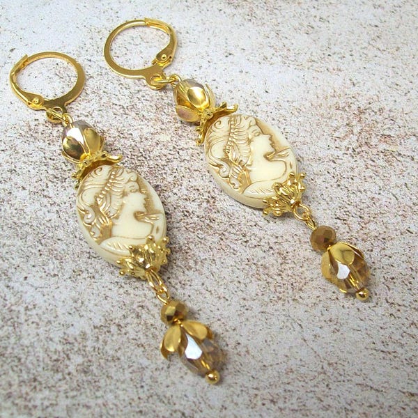 Art Nouveau Earrings Vintage Style, Ivory & Gold, Artisan Crafted Ornate Jewelry, Gift for Her