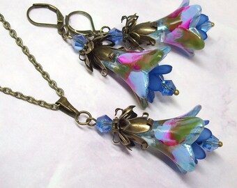 Floral Jewelry Set Art Nouveau, Earrings & Matching Necklace, Vintage Style, Antique Bronze, Artisan Crafted