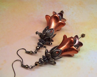 Art Nouveau Floral Drop Earrings, Hand Painted, Bronze, Artisan Crafted Flower Jewelry