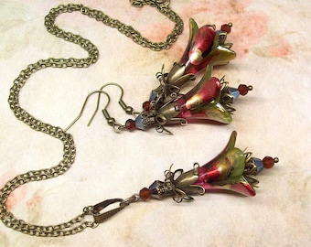 Vintage Style Victorian Jewelry Set, Earrings & Matching Necklace, Hand Painted Artisan Crafted