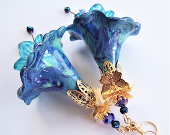 Teal blue Boho earrings dangle & drop Flower earrings Hippie earrings Flower gifts for her Birthday Handmade jewelry