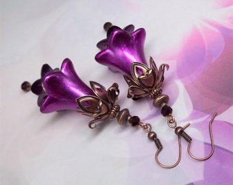 Boho earrings, Flower earrings, Violet, Purple Earrings, Dangle earrings, Vintage themed floral earrings, Unique earrings, Gift for her