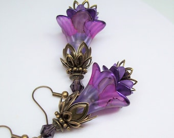 Brincos Art Nouveau em estilo vintage, roxos, bronze antigo, joias florais artesanais