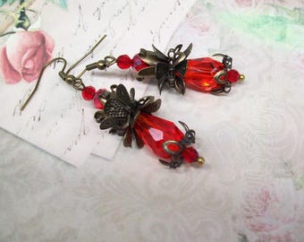 Gothic rode kristallen sieradenset, romantische statement oorbellen en ketting in vintagestijl, ambachtelijk vervaardigd