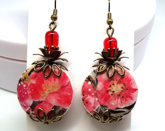 Decoupage Dangle Earrings, Art Nouveau, Bronze, Handmade Jewelry,