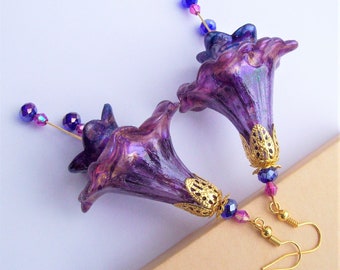 Purple earrings Boho & hippie earrings dangle Handmade jewelry Floral statement earrings Birthday gifts for her