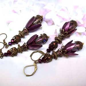 Burgundy shimmer floral dangle earrings Avant Garde drop earrings Handmade jewelry Flower gifts for her