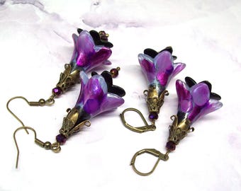 Brincos roxos pendurados, brincos de flores, presentes de flores para ela, presente para namorada ou melhor amiga
