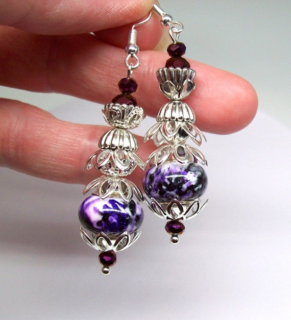 Purple Lampwork Earrings Art Deco, Silver, Unique Artisan Crafted Lampwork Jewelry