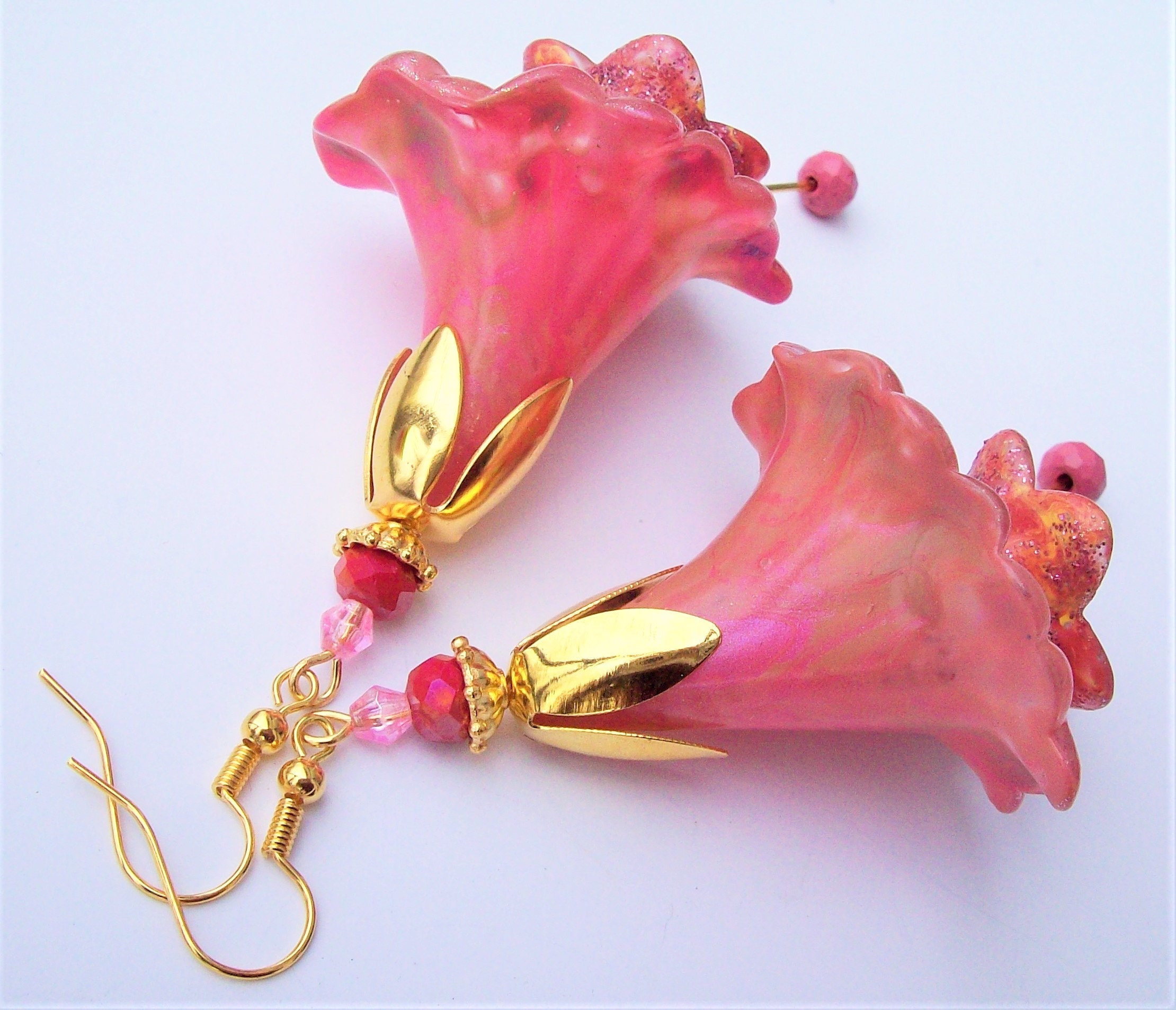 Large Hand Painted Pink Flower Earrings Light Weight Etsy
