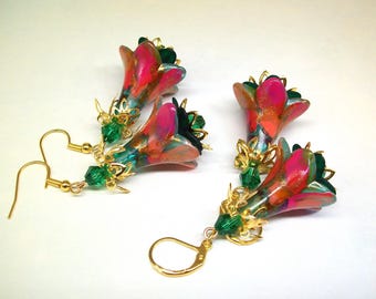 Boho Flower Earrings Gold, Hand Painted, Artisan Crafted Unique Floral Jewelry