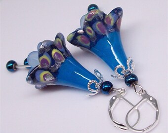 Boho earrings dangle, Handmade Earrings, Blue flower earrings, Silver earrings, Unique gift for her