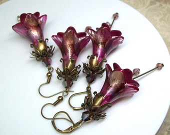 Vintage style flower earrings Art Nouveau earrings Burgundy earrings Hand painted Boho earrings dangle Vintage themed Victorian earrings