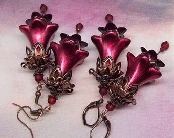 Burgundy earrings dangle & drop Boho hippie earrings Floral earrings Handmade jewelry Flower gifts for her Mother's Day gift Boho jewelry