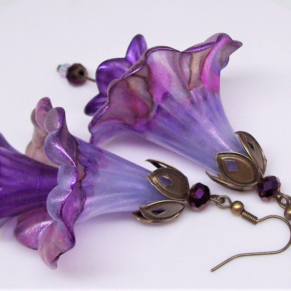 Purple flower earrings Vintage style Art Nouveau earrings Boho hippie earrings Flower gifts for her