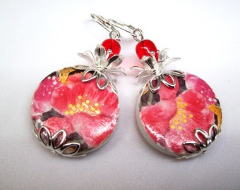 Decoupage Earrings Dangle, Silver, Boho, Handmade Jewelry,