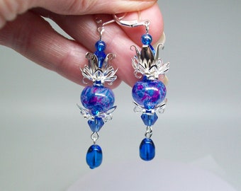 Blue earrings Lamp work dangle earrings Faerie earrings Boho earrings Silver earrings Art Nouveau earrings Artisan crafted drop earrings