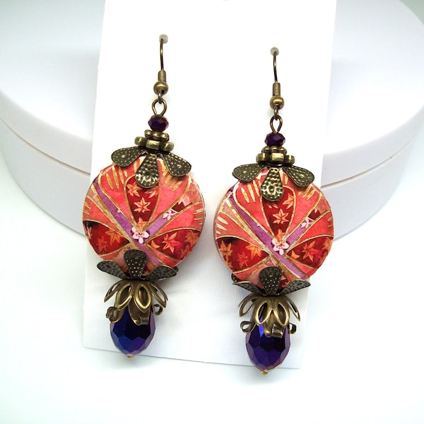 Vintage Ohrringe im Jugendstil, Decoupage, Bronze, handgemachter Schmuck,
