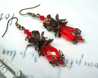 Art Nouveau earrings Edwardian Vintage style Victorian earrings dangle & drop Red crystal antique vintage earrings