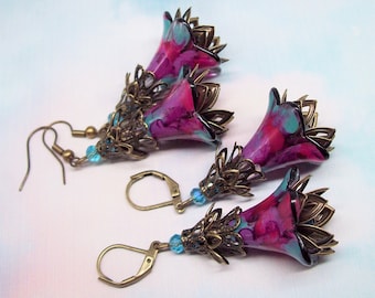 Flower Earrings Dangle, Art Nouveau, Vintage Style, Bronze,