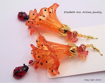 Ladybug Earrings, Boho Earrings, Flower Earrings, Boho & Hippie Earrings, Ladybug Gifts, Unique Earrings, Floral Earrings, Gifts For Her,
