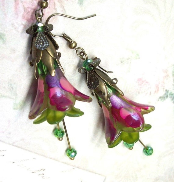Art Nouveau Earrings Dangle, Nature Jewelry, Vintage Style, Bronze, Hand Painted
