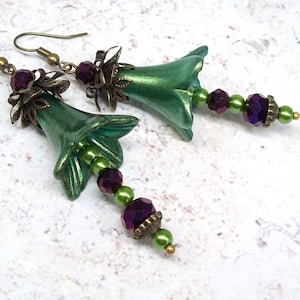 Mother&#39;s Day gift Boho earrings dangle Fern green flower earrings Vintage style Victorian earrings Art Nouveau earrings Floral earrings