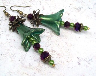 Green Art Nouveau Statement Earrings Dangle, Vintage Style, Bronze,