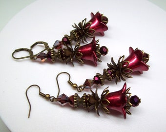 Burgundy Flower Earrings Dangle, Bronze, Vintage Style, Hand Painted, Artisan Crafted, Flower Jewelry
