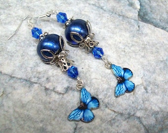 Blue Butterfly Lampwork Earrings, Silver, Vintage Style, Artisan Crafted Jewelry
