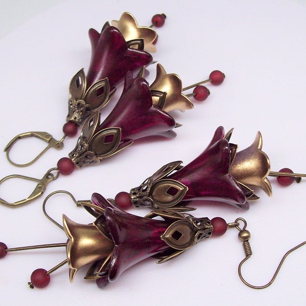 Vintage style boho earrings dangle Flower earrings Victorian earrings Burgundy gold earrings Art Nouveau earrings Gifts for her