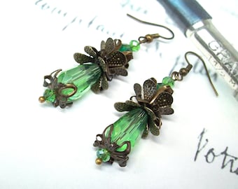 Vintage Style Art Nouveau Earrings, Green Crystal Drop Earrings, Antique Bronze, Artisan Crafted Jewelry