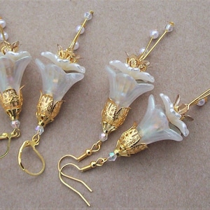 Blumen Ohrringe, Boho Braut Ohrringe, Blumen Braut Ohrringe, Braut Blumen & Perlen Ohrringe, Weiße Blumen Ohrringe, Jugendstil Ohrringe
