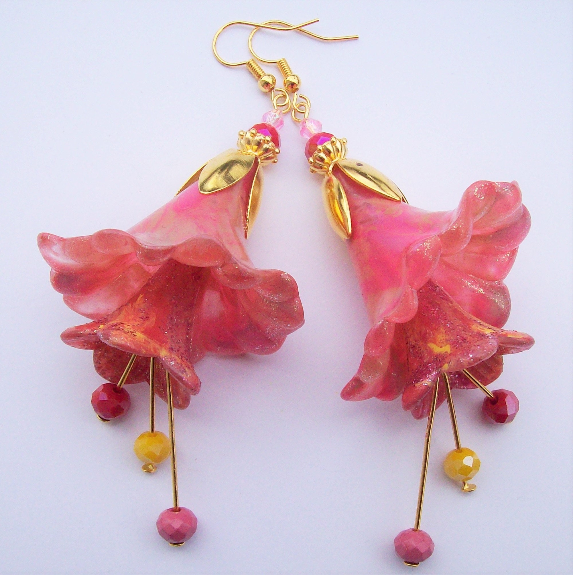 Large Hand Painted Pink Flower Earrings Light Weight Etsy