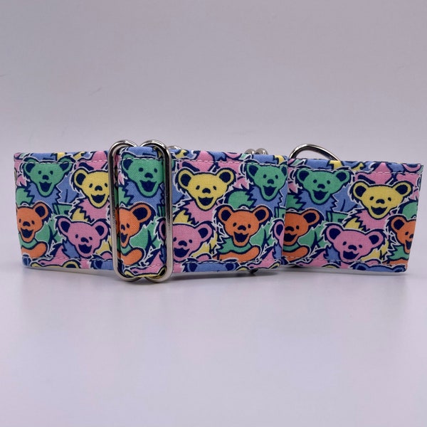 Grateful Dead Dancing Bears Limited Slip Martingale Greyhound Dog Collar, Silver Hardware, Martingale or Buckle Collar Available