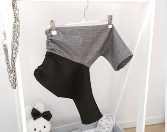 pantalón infantil alternativo con dos colores/tejidos, pantalón de tela con banda elástica, pantalón de cuadros negros