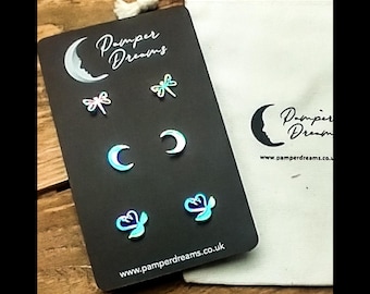 NICKEL FREE EARRINGS For Sensitive Skin | 3 Pairs Hypoallergenic Multicolour Stainless Steel | Dragonflies Moons & Kissing Swans