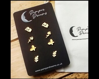 NICKEL FREE EARRINGS For Sensitive Skin | 4 Pairs Hypoallergenic Gold Stainless Steel Earrings | Cactus Roses Strawberry & Pineapple