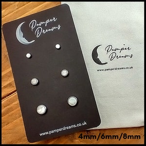 HYPOALLERGENIC EARRINGS | 3 Pairs Nickel Free Sensitive Skin Stud Earrings | Silver Stainless Steel | 4mm/6mm/8mm White Shell Earrings