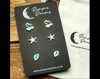 NICKEL FREE EARRINGS For Sensitive Skin | 3 Pairs Hypoallergenic Multicolour Stainless Steel Earrings | Kissing Swans Starfish & Evil Eye