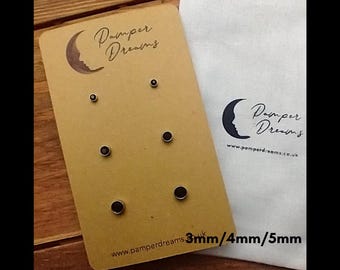 HYPOALLERGENIC EARRINGS | Black CZ Stud Earrings | 3 Pairs Nickel Free Sensitive Skin Stud Earrings | Gold Stainless Steel
