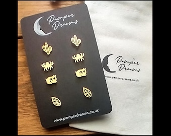 NICKEL FREE EARRINGS For Sensitive Skin | 4 Pairs Hypoallergenic Gold Stainless Steel Earrings | Cactus Spiders Dolphins & Open Leaf