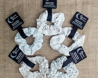 ORGANIC COTTON & NATURAL Rubber Hair Scrunchies - Floral Design Hair Scrunchies, Scrunchy Hair Ties, Biodegradable Zero Waste Plastic Free