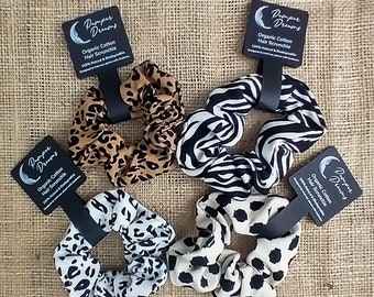 ANIMAL PRINT DESIGN Organic Cotton & Natural Rubber Hair Scrunchies - Scrunchy Hair Ties, Biodegradable Zero Waste Plastic Free Eco Friendly