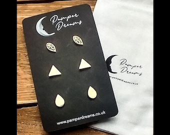 NICKEL FREE EARRINGS | 3 Pairs Hypoallergenic Surgical Steel Earrings  | Gold Stainless Steel | Leaves Triangles & Teardrops Sensitive Skin