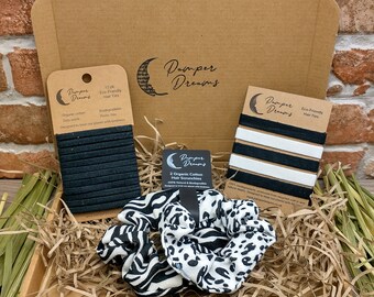 Black & White ECO HAIR ACCESSORIES Organic Recycled Cotton Natural Rubber Hair Ties Hair Scrunchies Biodegradable Zero Waste Plastic Free