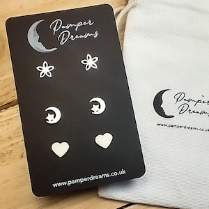 3 Pairs HYPOALLERGENIC EARRINGS STUD Set | Stainless Steel | Silver Colour Stud Earrings | Flowers Moon & Stars Hearts | Free Gift Pouch
