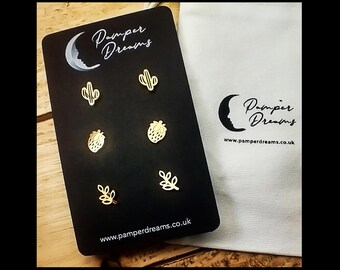 NICKEL FREE EARRINGS For Sensitive Skin | 3 Pairs Hypoallergenic Earrings | Gold Stainless Steel | Cactus Strawberries & Branches