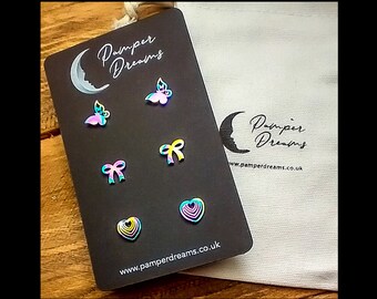 NICKEL FREE EARRINGS For Sensitive Skin | 3 Pairs Hypoallergenic Multicolour Stainless Steel Earrings | Butterflies Bows & Hearts